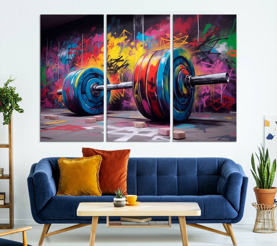 A dynamic triptych of "Abstract Graffiti Barbell Canvas Wall Art" engages the eye with its vibrant street art style, perfectly capturing the essence of urban fitness.