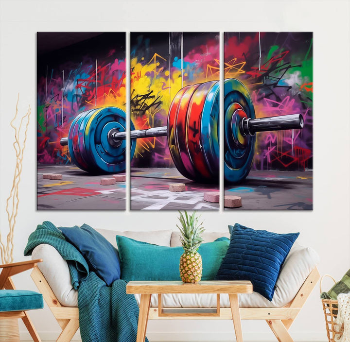 A dynamic triptych of "Abstract Graffiti Barbell Canvas Wall Art" engages the eye with its vibrant street art style, perfectly capturing the essence of urban fitness.