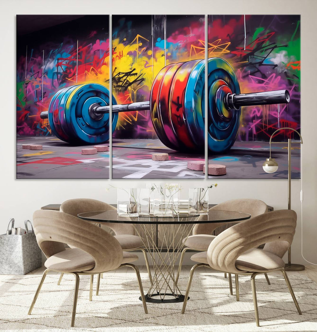 A dynamic triptych of "Abstract Graffiti Barbell Canvas Wall Art" engages the eye with its vibrant street art style, perfectly capturing the essence of urban fitness.