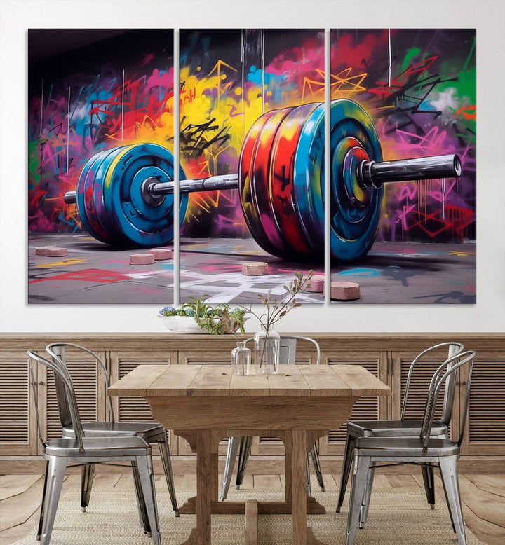 A dynamic triptych of "Abstract Graffiti Barbell Canvas Wall Art" engages the eye with its vibrant street art style, perfectly capturing the essence of urban fitness.