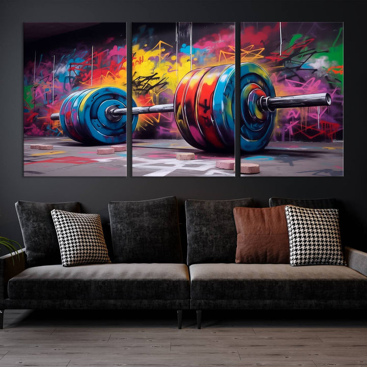 A dynamic triptych of "Abstract Graffiti Barbell Canvas Wall Art" engages the eye with its vibrant street art style, perfectly capturing the essence of urban fitness.