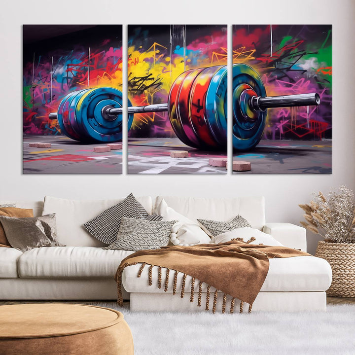 An abstract graffiti barbell canvas wall art, titled "Urban Fitness Meets Bold Street Art," adds a touch of vibrant urban flair.