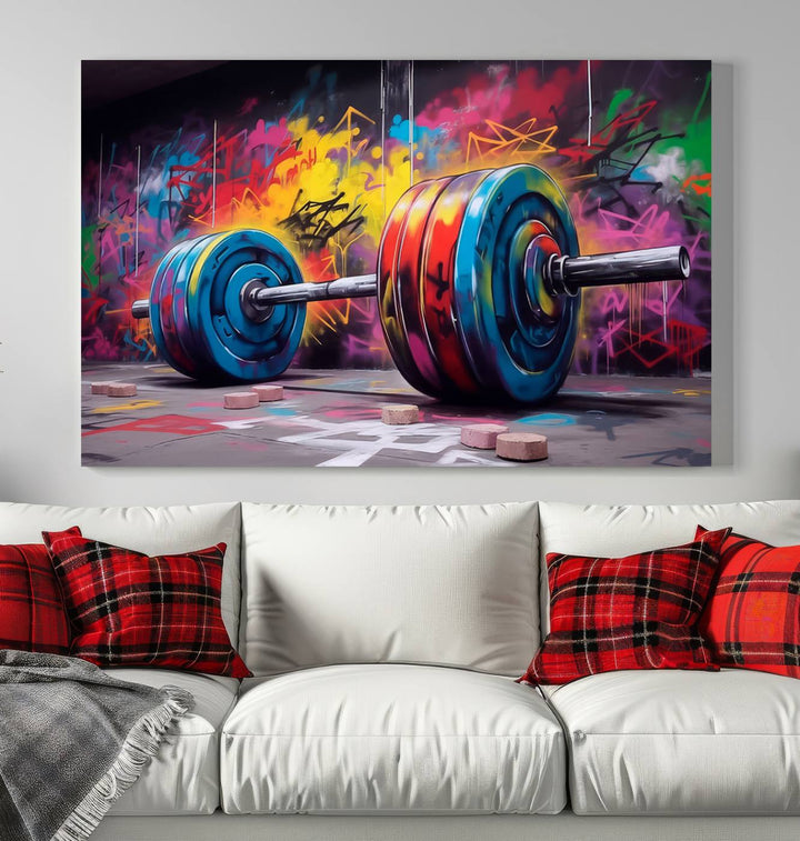 A dynamic triptych of "Abstract Graffiti Barbell Canvas Wall Art" engages the eye with its vibrant street art style, perfectly capturing the essence of urban fitness.