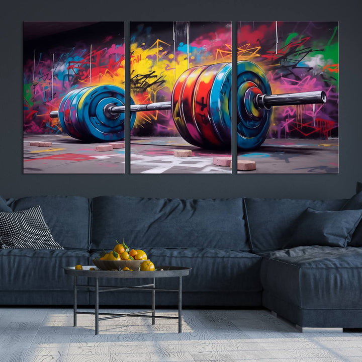 An abstract graffiti barbell canvas wall art, titled "Urban Fitness Meets Bold Street Art," adds a touch of vibrant urban flair.