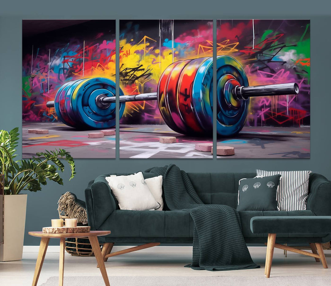 An abstract graffiti barbell canvas wall art, titled "Urban Fitness Meets Bold Street Art," adds a touch of vibrant urban flair.