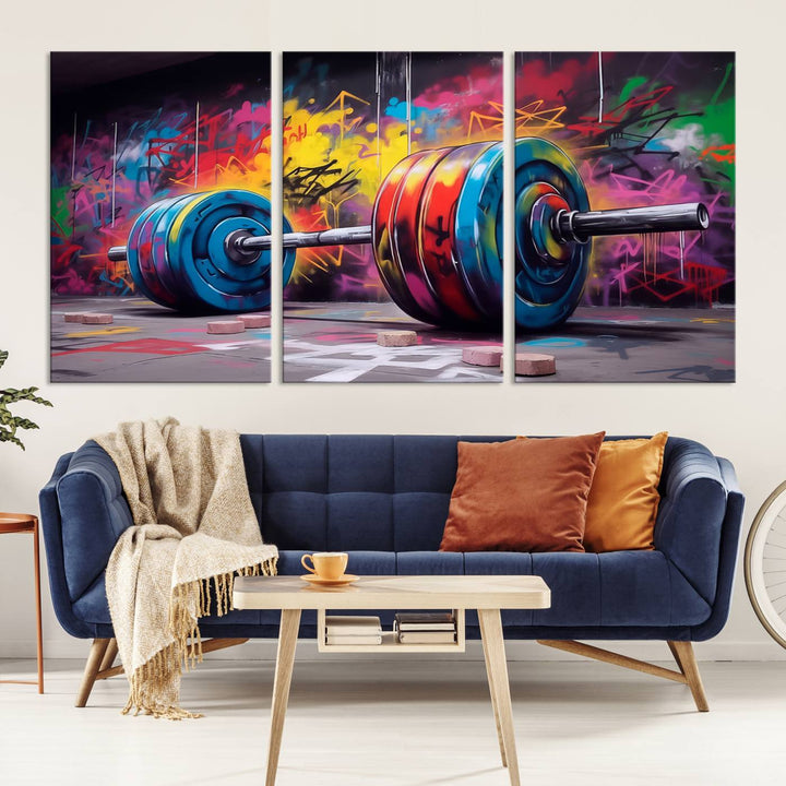 An abstract graffiti barbell canvas wall art, titled "Urban Fitness Meets Bold Street Art," adds a touch of vibrant urban flair.