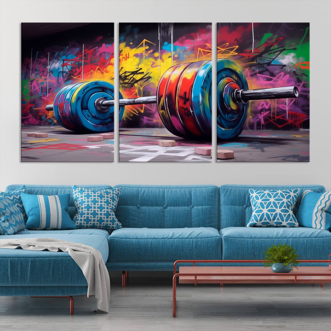 An abstract graffiti barbell canvas wall art, titled "Urban Fitness Meets Bold Street Art," adds a touch of vibrant urban flair.