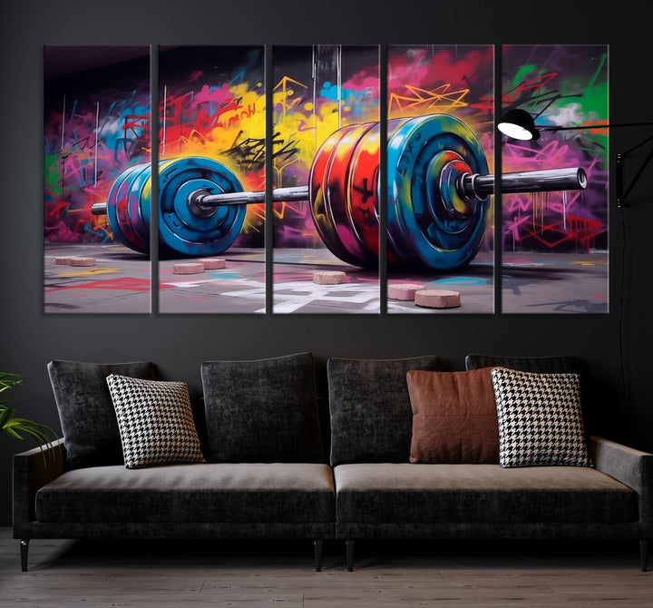 A dynamic triptych of "Abstract Graffiti Barbell Canvas Wall Art" engages the eye with its vibrant street art style, perfectly capturing the essence of urban fitness.