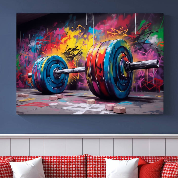 A dynamic triptych of "Abstract Graffiti Barbell Canvas Wall Art" engages the eye with its vibrant street art style, perfectly capturing the essence of urban fitness.