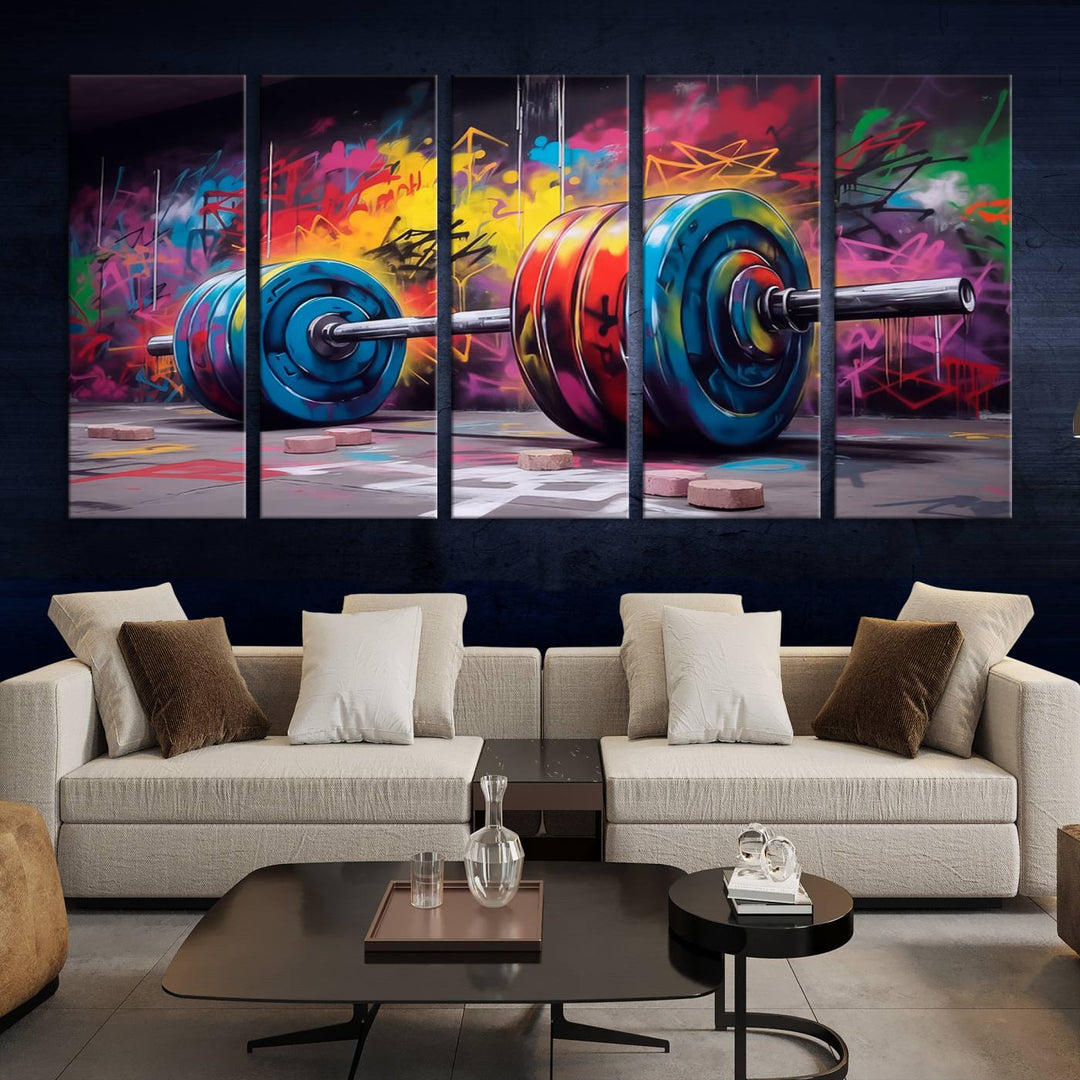 A dynamic triptych of "Abstract Graffiti Barbell Canvas Wall Art" engages the eye with its vibrant street art style, perfectly capturing the essence of urban fitness.