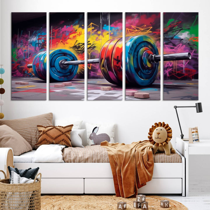 A dynamic triptych of "Abstract Graffiti Barbell Canvas Wall Art" engages the eye with its vibrant street art style, perfectly capturing the essence of urban fitness.