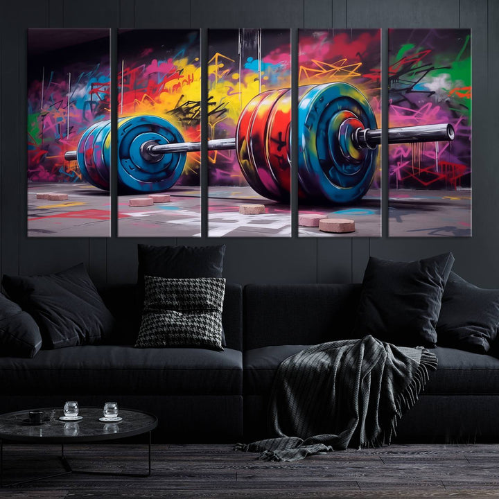 A dynamic triptych of "Abstract Graffiti Barbell Canvas Wall Art" engages the eye with its vibrant street art style, perfectly capturing the essence of urban fitness.