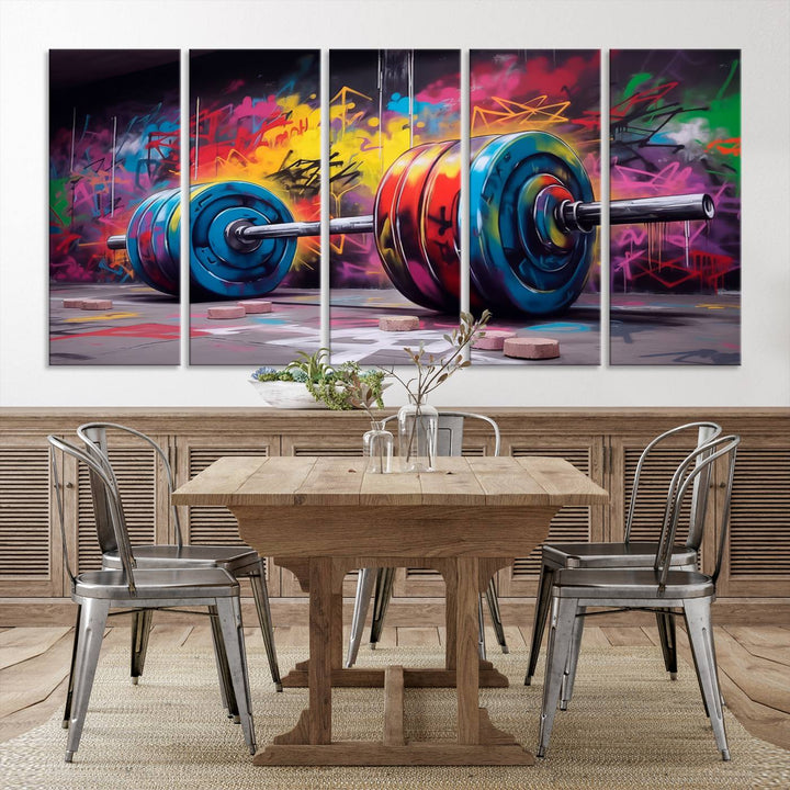 A dynamic triptych of "Abstract Graffiti Barbell Canvas Wall Art" engages the eye with its vibrant street art style, perfectly capturing the essence of urban fitness.