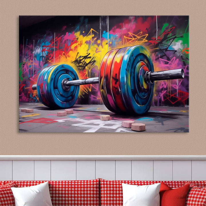 A dynamic triptych of "Abstract Graffiti Barbell Canvas Wall Art" engages the eye with its vibrant street art style, perfectly capturing the essence of urban fitness.