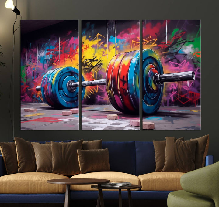 A dynamic triptych of "Abstract Graffiti Barbell Canvas Wall Art" engages the eye with its vibrant street art style, perfectly capturing the essence of urban fitness.