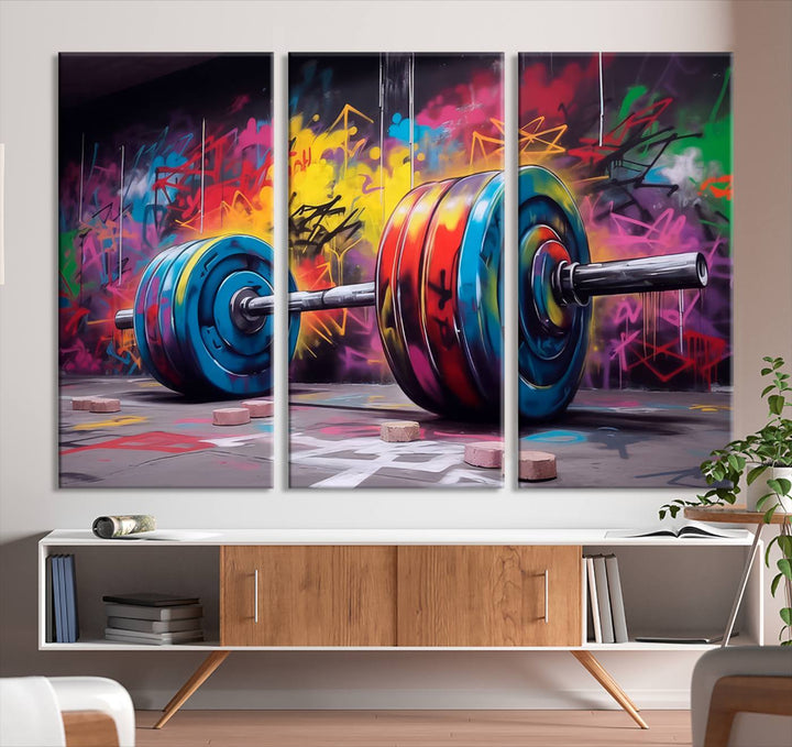 An abstract graffiti barbell canvas wall art, titled "Urban Fitness Meets Bold Street Art," adds a touch of vibrant urban flair.