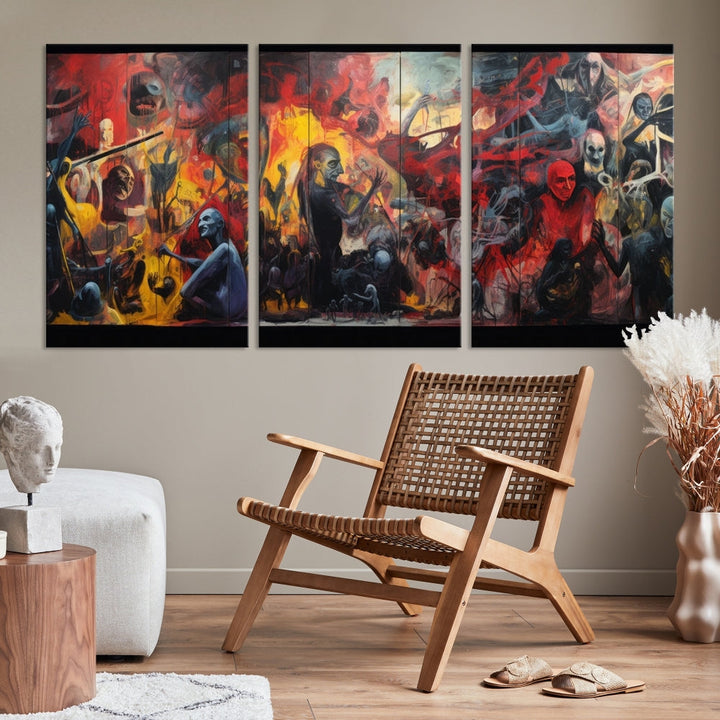 A vibrant Abstract Graffiti Wall Art triptych made of premium canvas, handmade in the USA, adorns the living room.