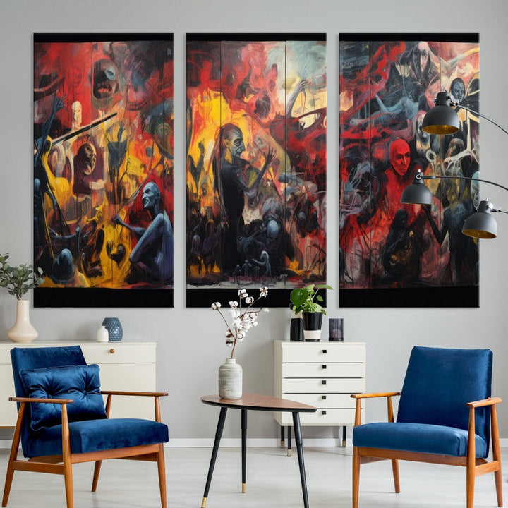 A vibrant Abstract Graffiti Wall Art triptych made of premium canvas, handmade in the USA, adorns the living room.