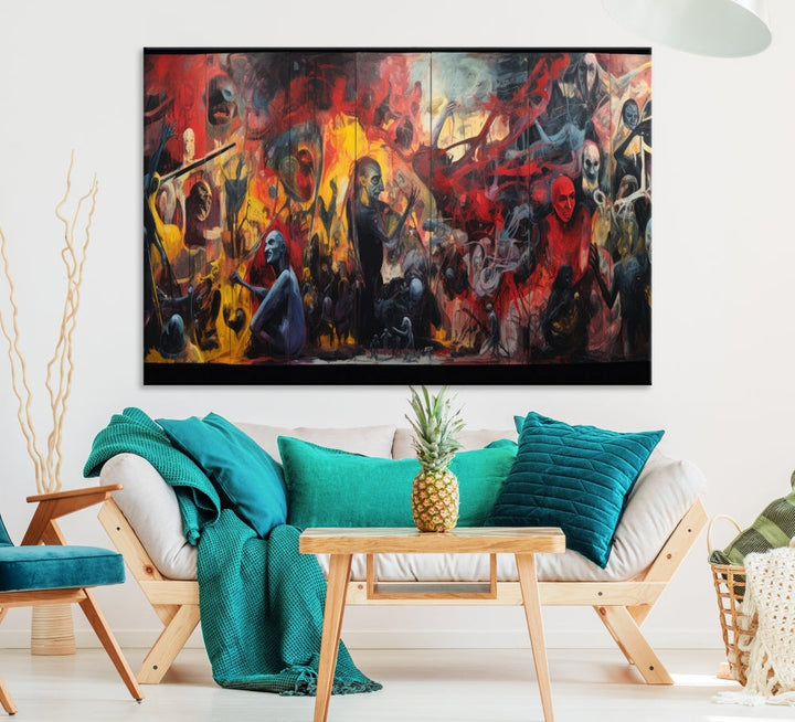 A vibrant Abstract Graffiti Wall Art triptych made of premium canvas, handmade in the USA, adorns the living room.