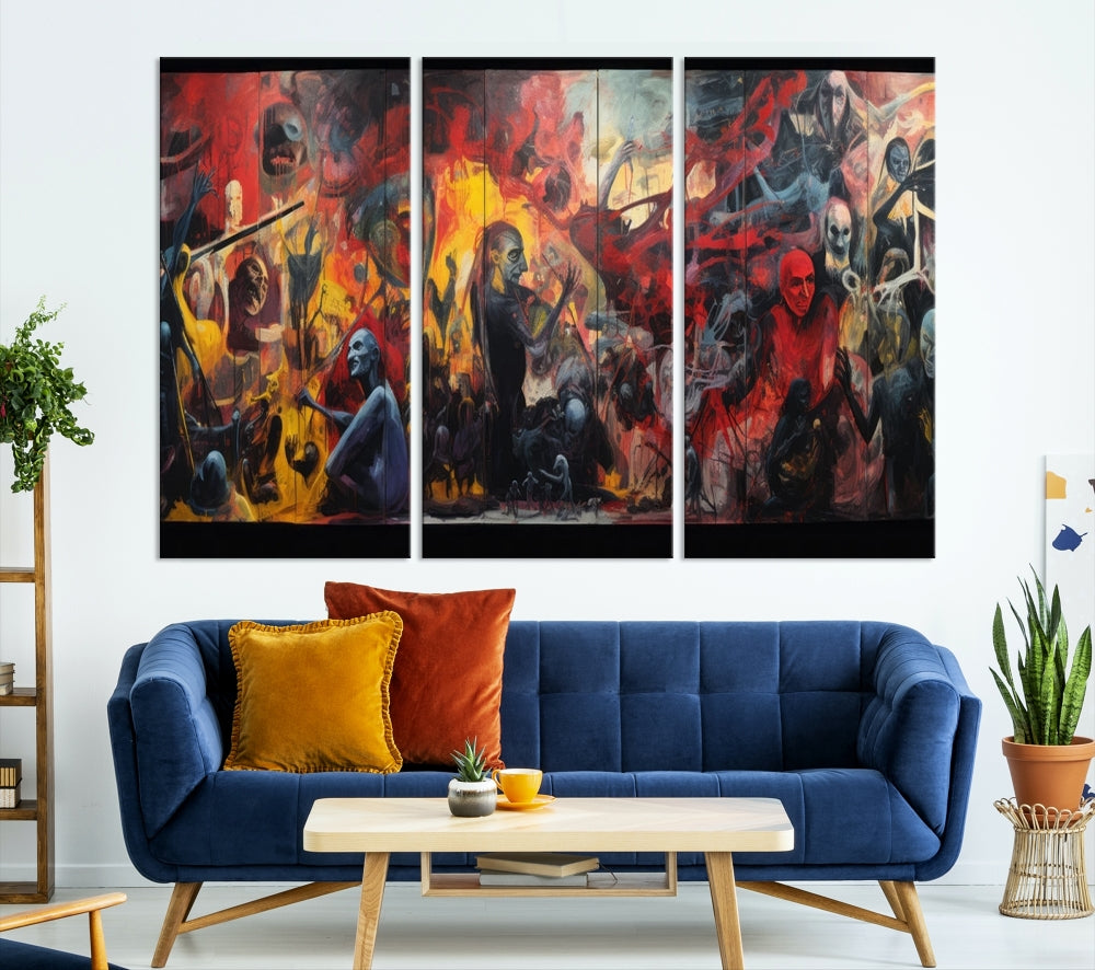 A vibrant Abstract Graffiti Wall Art triptych made of premium canvas, handmade in the USA, adorns the living room.