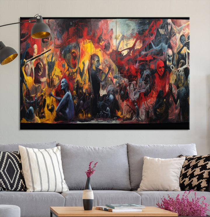 A vibrant Abstract Graffiti Wall Art triptych made of premium canvas, handmade in the USA, adorns the living room.