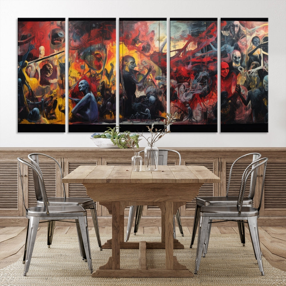 A vibrant Abstract Graffiti Wall Art triptych made of premium canvas, handmade in the USA, adorns the living room.