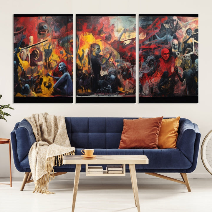 A vibrant Abstract Graffiti Wall Art triptych made of premium canvas, handmade in the USA, adorns the living room.