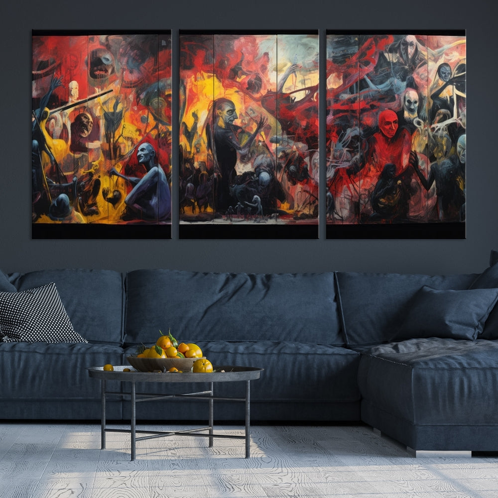 A vibrant Abstract Graffiti Wall Art triptych made of premium canvas, handmade in the USA, adorns the living room.