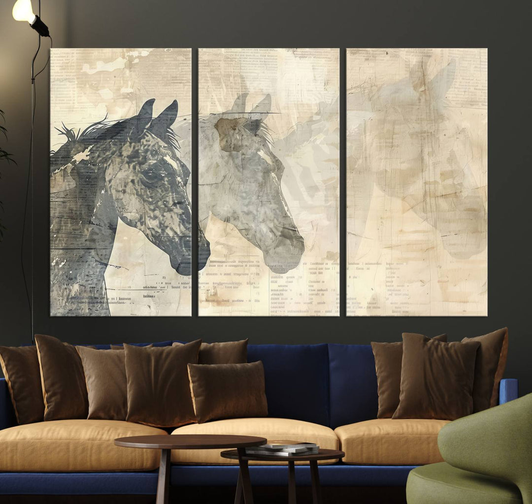 The Abstract Horse Canvas Print, part of the Modern Farmhouse Wall Art collection and ready to hang with its framed design, enhances the decor when displayed as a three-panel set on a dark wall.