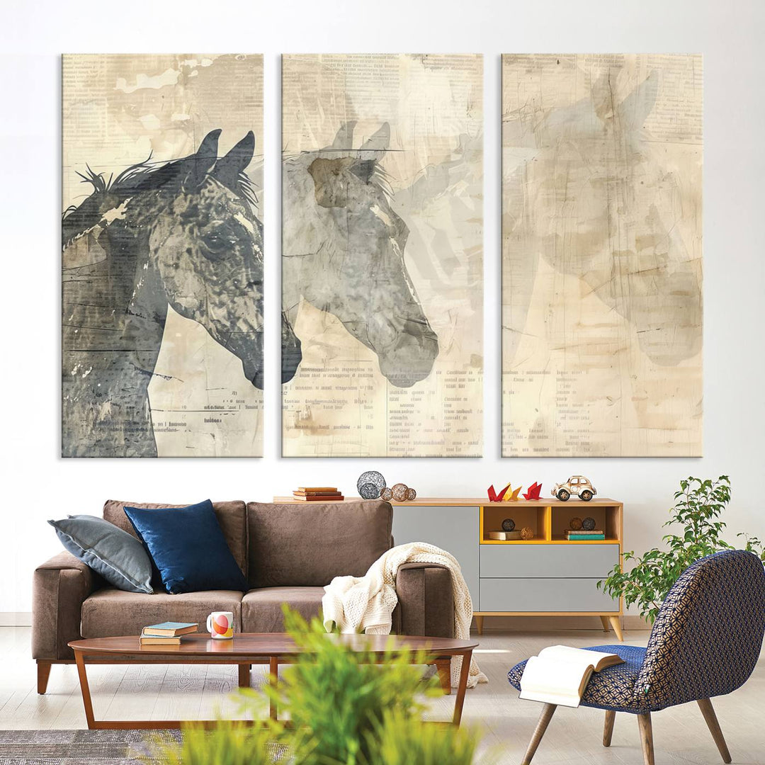 The Abstract Horse Canvas Print, part of the Modern Farmhouse Wall Art collection and ready to hang with its framed design, enhances the decor when displayed as a three-panel set on a dark wall.