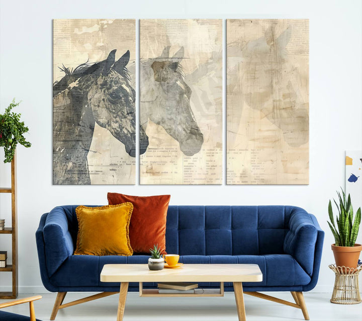 The Abstract Horse Canvas Print, part of the Modern Farmhouse Wall Art collection and ready to hang with its framed design, enhances the decor when displayed as a three-panel set on a dark wall.