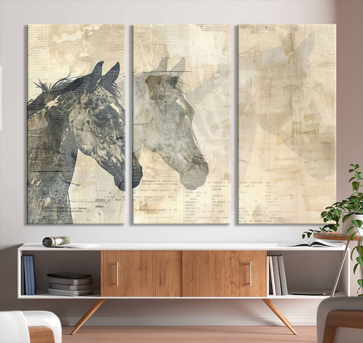 The Abstract Horse Canvas Print, part of the Modern Farmhouse Wall Art collection and ready to hang with its framed design, enhances the decor when displayed as a three-panel set on a dark wall.