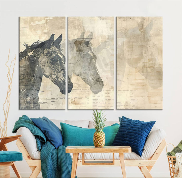 The Abstract Horse Canvas Print, part of the Modern Farmhouse Wall Art collection and ready to hang with its framed design, enhances the decor when displayed as a three-panel set on a dark wall.