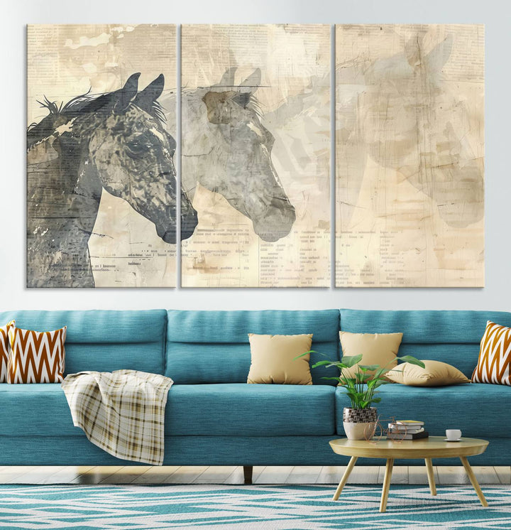 The Abstract Horse Canvas Print, part of the Modern Farmhouse Wall Art collection and ready to hang with its framed design, enhances the decor when displayed as a three-panel set on a dark wall.