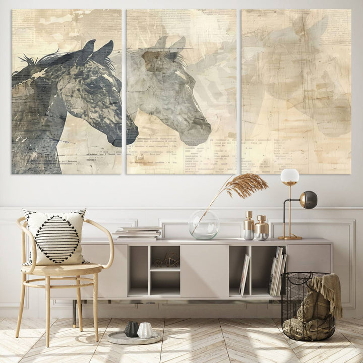 The Abstract Horse Canvas Print, part of the Modern Farmhouse Wall Art collection and ready to hang with its framed design, enhances the decor when displayed as a three-panel set on a dark wall.