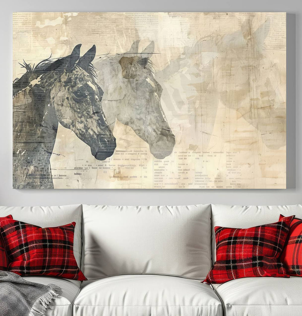 The Abstract Horse Canvas Print, part of the Modern Farmhouse Wall Art collection and ready to hang with its framed design, enhances the decor when displayed as a three-panel set on a dark wall.