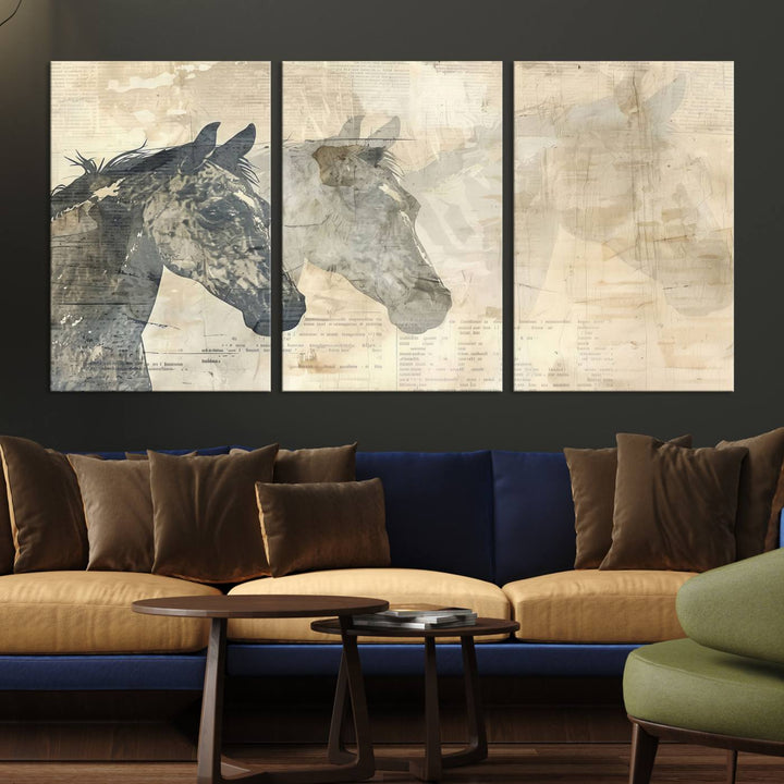 The Abstract Horse Canvas Print, part of the Modern Farmhouse Wall Art collection and ready to hang with its framed design, enhances the decor when displayed as a three-panel set on a dark wall.