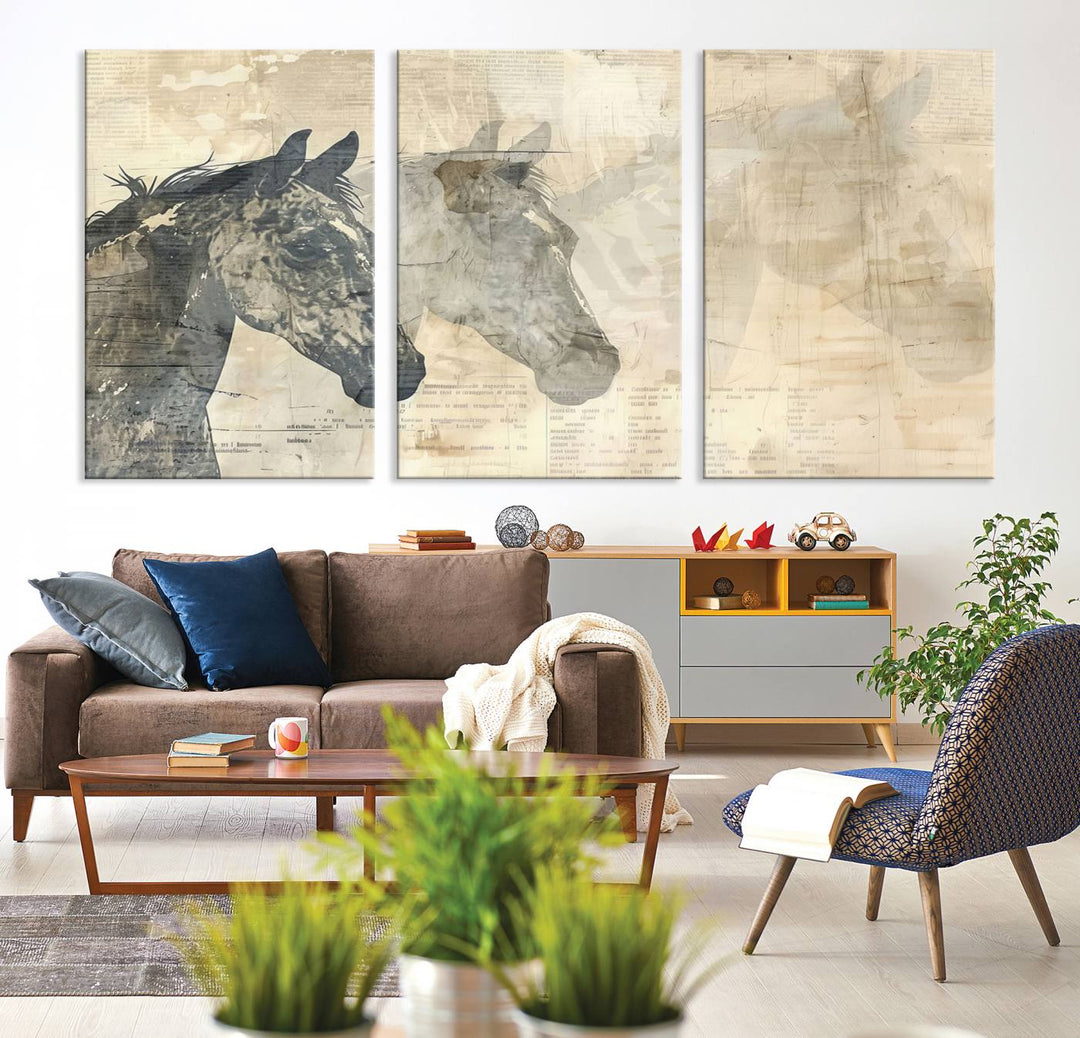 The Abstract Horse Canvas Print in muted tones, a modern farmhouse wall art piece that's ready to hang framed, elegantly decorates the space.