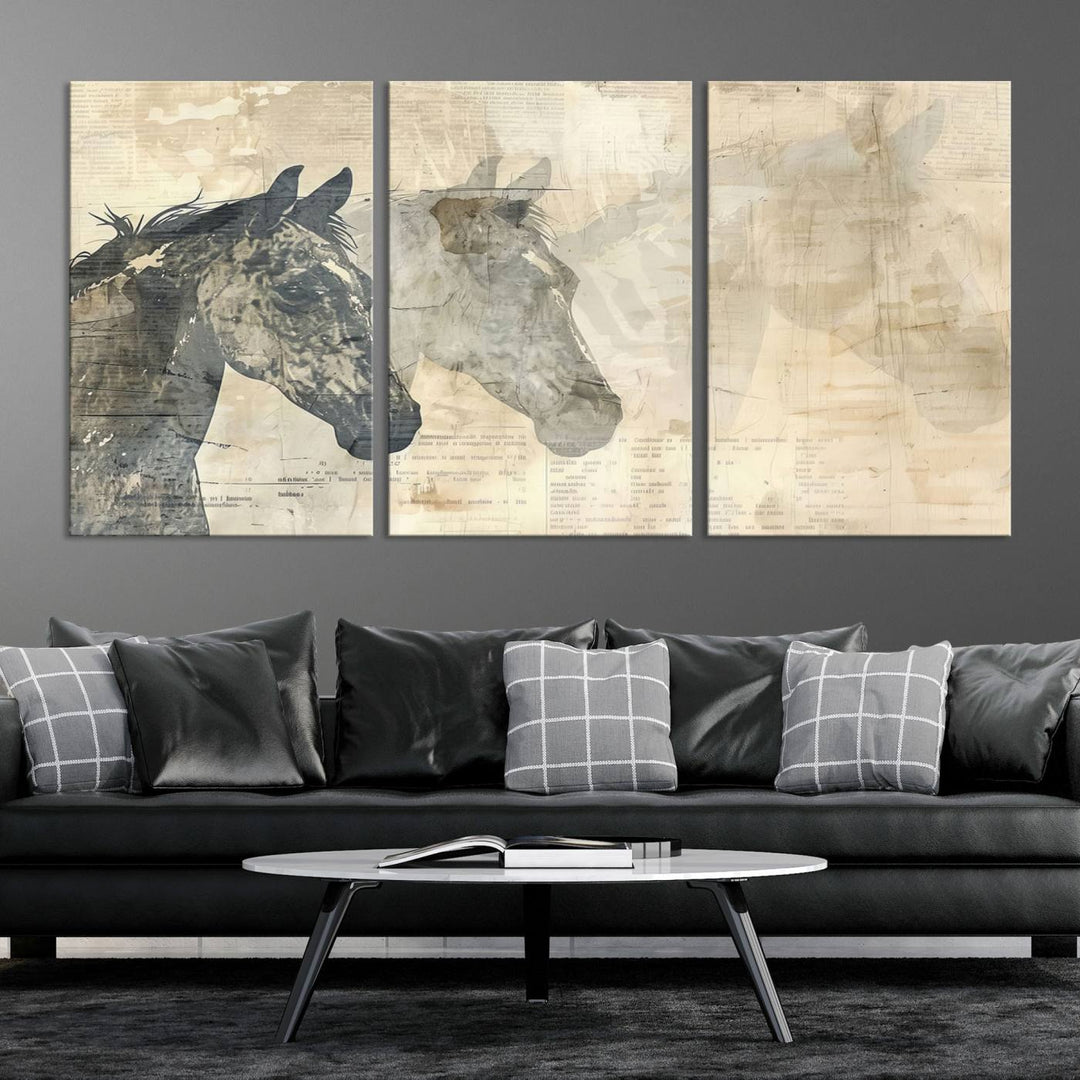 The Abstract Horse Canvas Print in muted tones, a modern farmhouse wall art piece that's ready to hang framed, elegantly decorates the space.