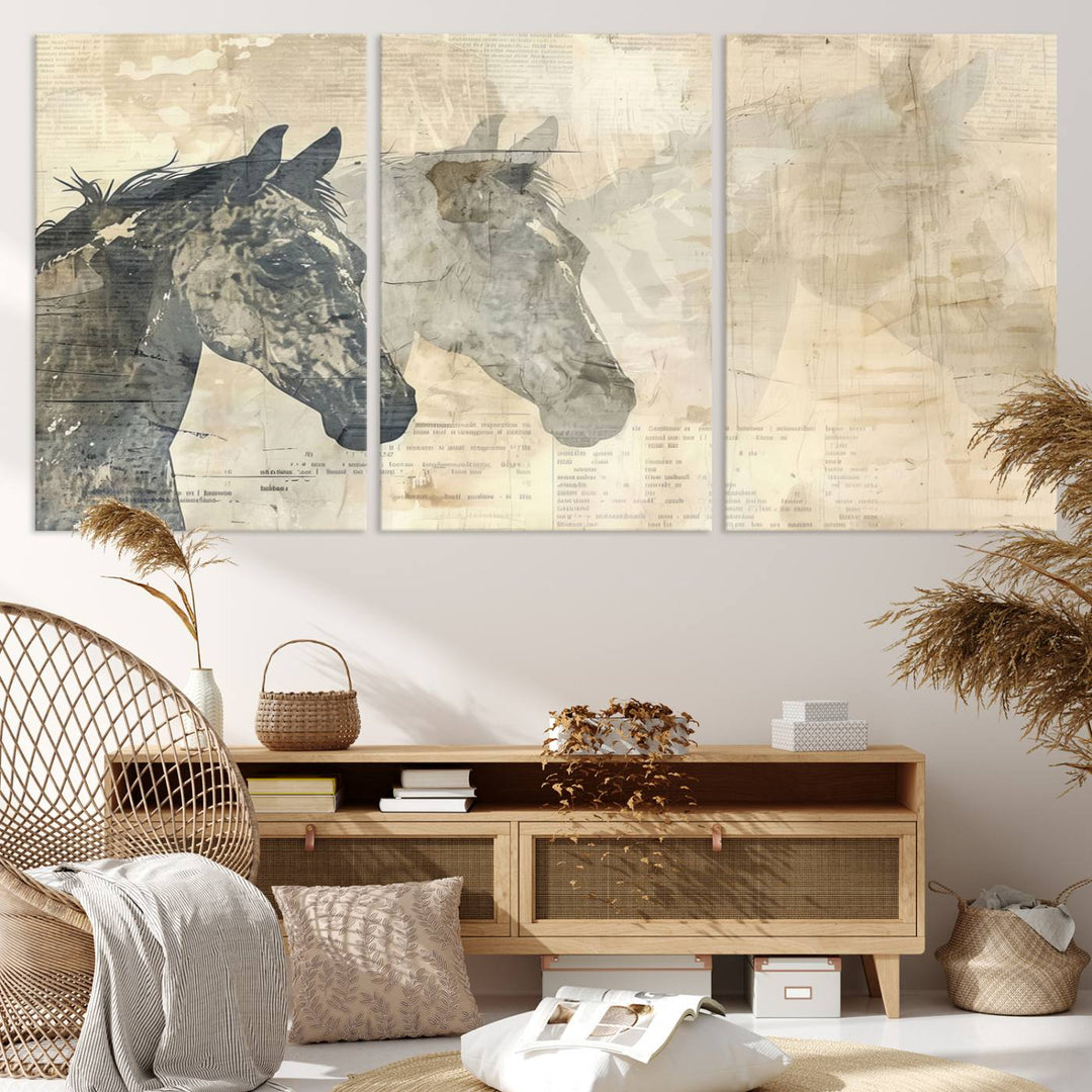 The Abstract Horse Canvas Print in muted tones, a modern farmhouse wall art piece that's ready to hang framed, elegantly decorates the space.