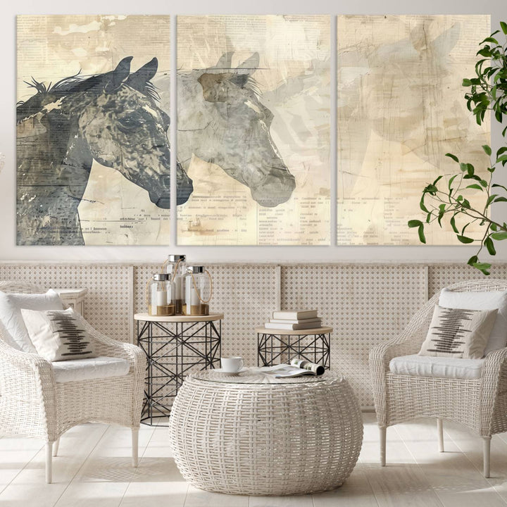 The Abstract Horse Canvas Print in muted tones, a modern farmhouse wall art piece that's ready to hang framed, elegantly decorates the space.