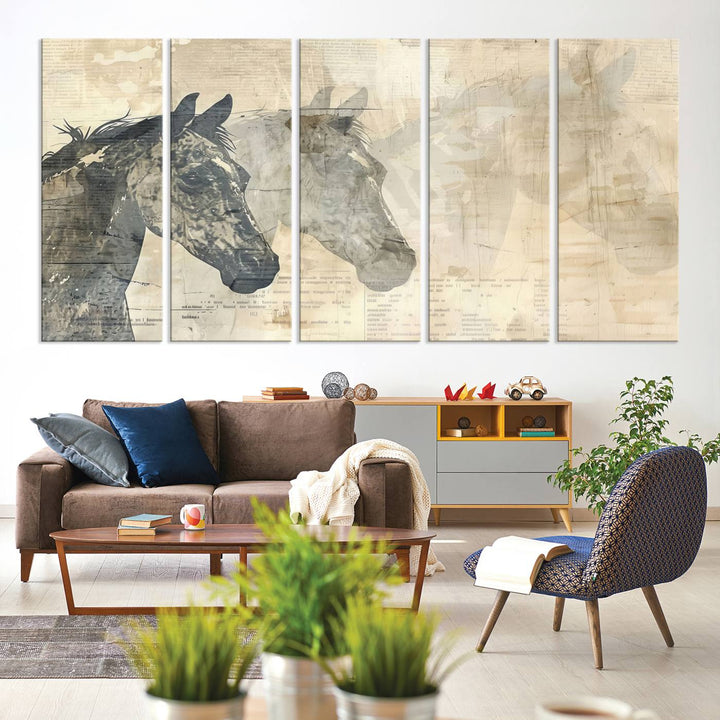 The Abstract Horse Canvas Print in muted tones, a modern farmhouse wall art piece that's ready to hang framed, elegantly decorates the space.