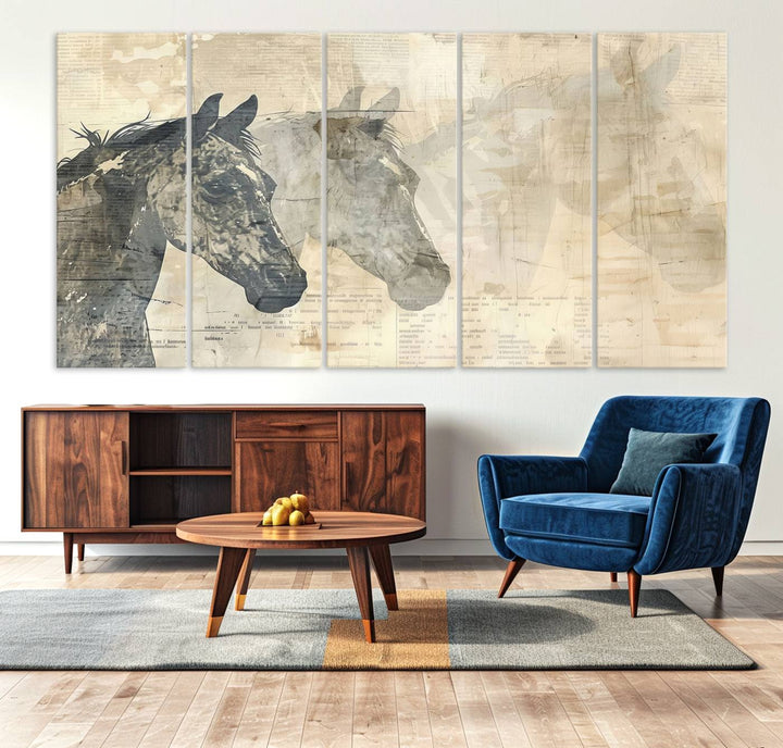 The Abstract Horse Canvas Print in muted tones, a modern farmhouse wall art piece that's ready to hang framed, elegantly decorates the space.