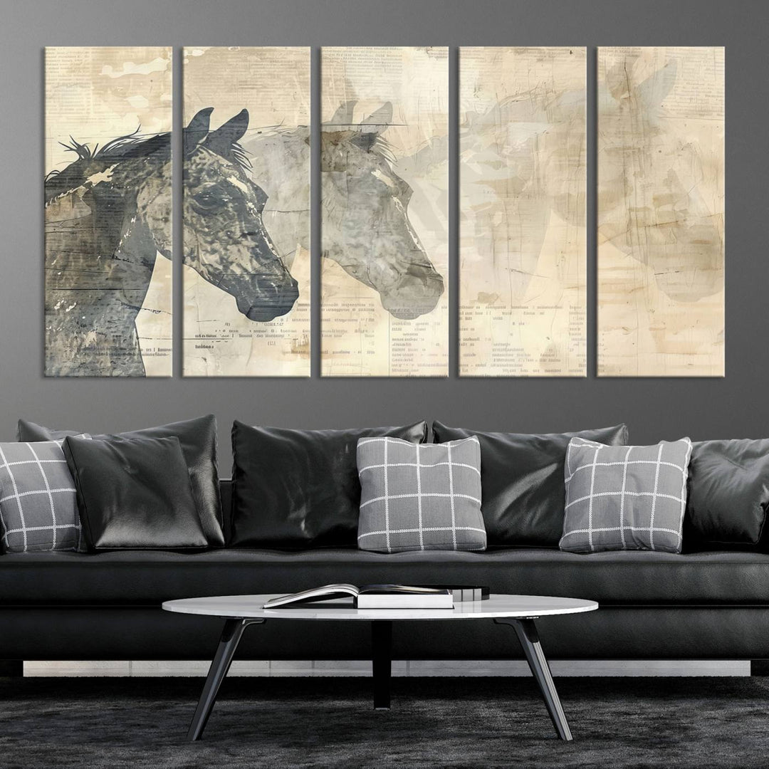 The Abstract Horse Canvas Print in muted tones, a modern farmhouse wall art piece that's ready to hang framed, elegantly decorates the space.