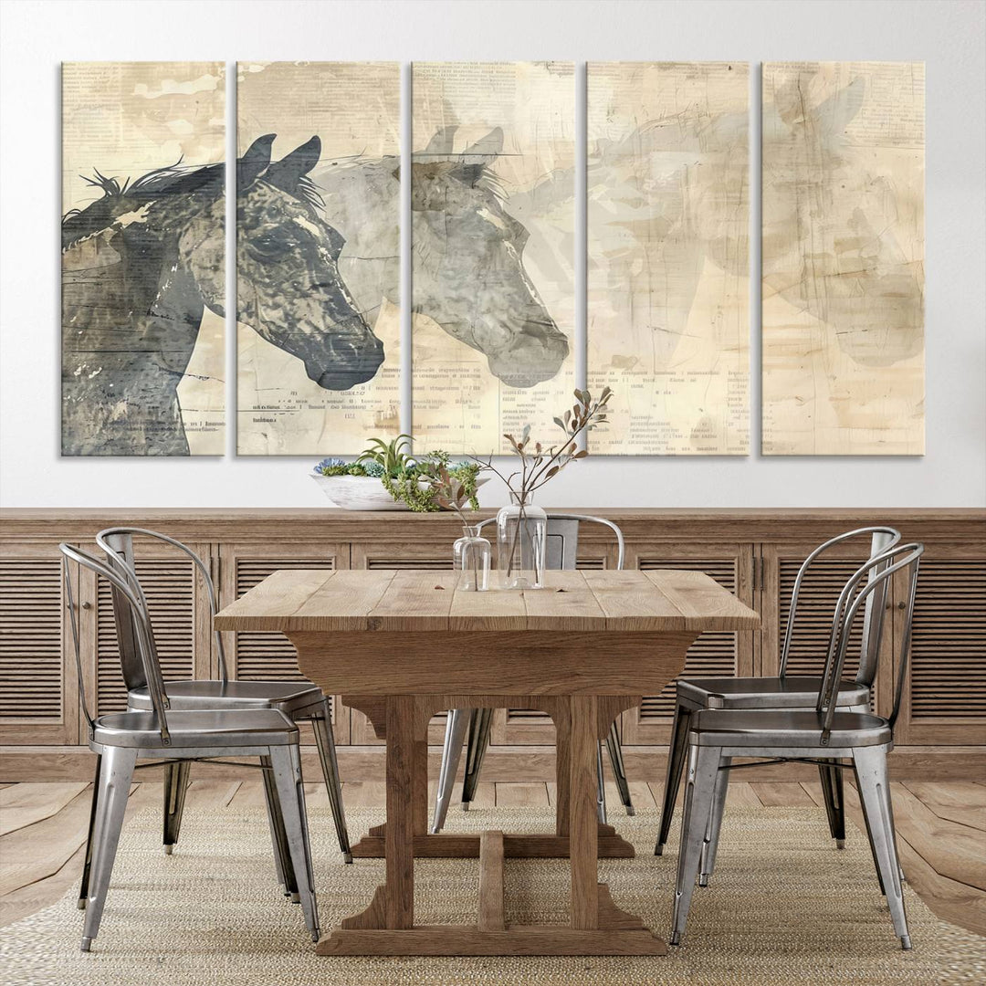 The Abstract Horse Canvas Print, part of the Modern Farmhouse Wall Art collection and ready to hang with its framed design, enhances the decor when displayed as a three-panel set on a dark wall.