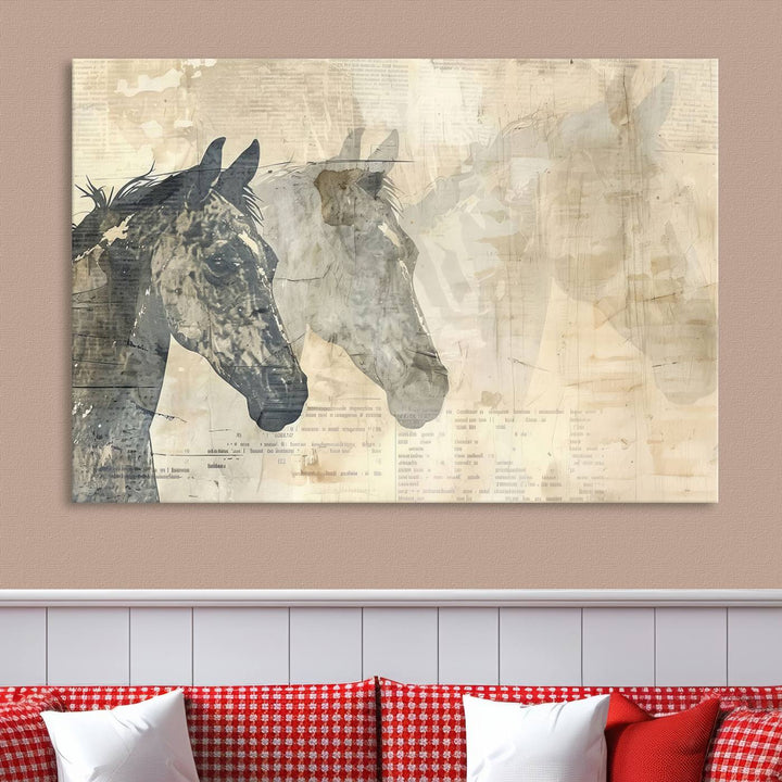 The Abstract Horse Canvas Print, part of the Modern Farmhouse Wall Art collection and ready to hang with its framed design, enhances the decor when displayed as a three-panel set on a dark wall.