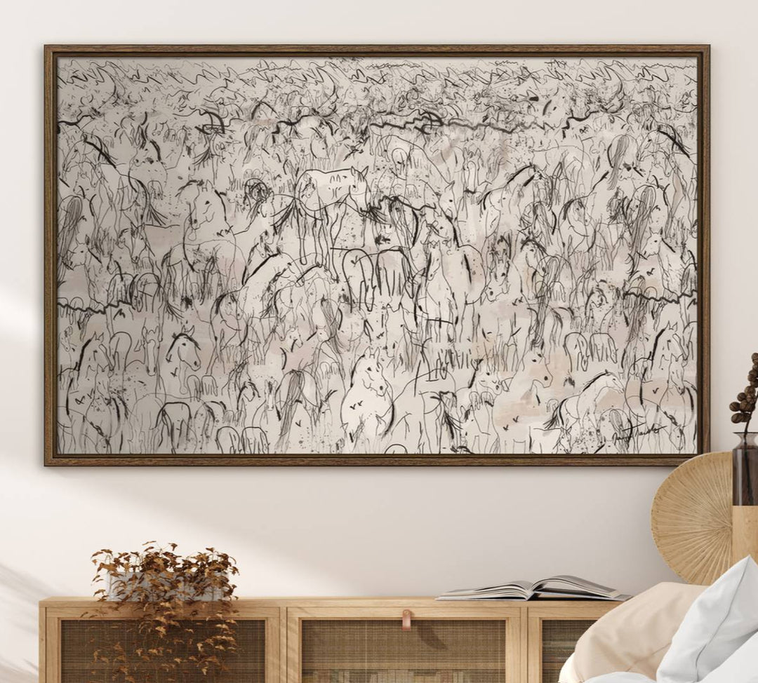 The "Abstract Horse Sketch Wall Art" features intricate black lines on a white background. This ready-to-hang, framed piece is perfect for farmhouse wall decor in living rooms or offices.