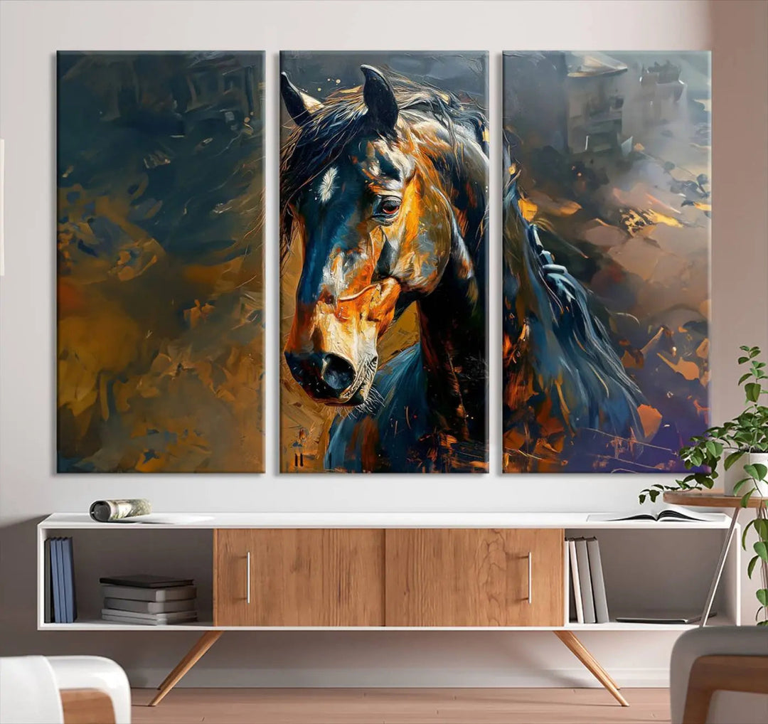 The Abstract Horse Wall Art Canvas Print, featuring expressive brushstrokes and rustic horse decor, enhances the space with its farmhouse wall decor and western cabin art style.