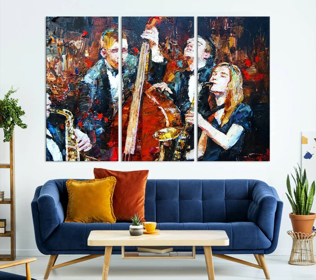 The Abstract Jazz Musician Wall Art Canvas Print, showcasing musicians playing saxophones and a double bass, is elegantly presented on the wall. This gallery-wrapped artwork is printed on museum-quality canvas and includes a UV-protective coating to maintain its lasting vibrancy.