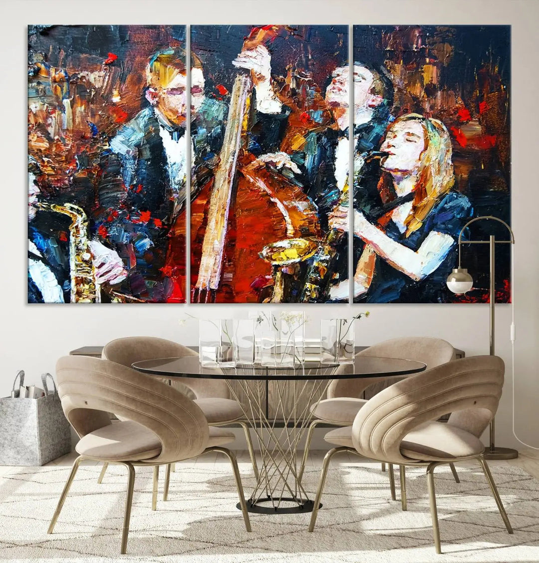 The Abstract Jazz Musician Wall Art Canvas Print, showcasing musicians playing saxophones and a double bass, is elegantly presented on the wall. This gallery-wrapped artwork is printed on museum-quality canvas and includes a UV-protective coating to maintain its lasting vibrancy.